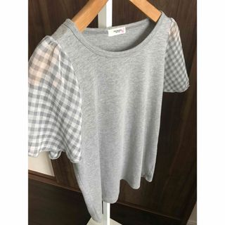 プードゥドゥ(POU DOU DOU)のTシャツ　レディース　袖盛り シアー  ギンガムチェック シフォン 透け感　M (Tシャツ(半袖/袖なし))