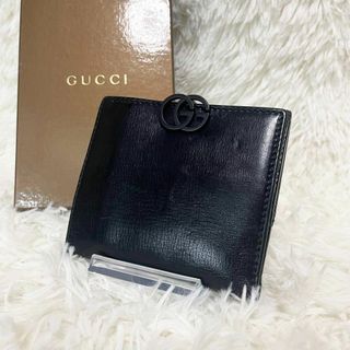 グッチ(Gucci)の極美品　グッチ　二つ折り財布　GGマーモント　オールレザー　小銭入れ　ブラック(折り財布)