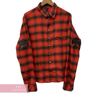 クロムハーツ(Chrome Hearts)のCHROME HEARTS Y NOT Cross Patch Check Shirt クロムハーツワイノットクロスパッチチェックシャツ ネルシャツ クロスボールスナップボタン レザーパッチ Yノット レッド×ブラック サイズM【240522】【中古-A】【me04】(シャツ)