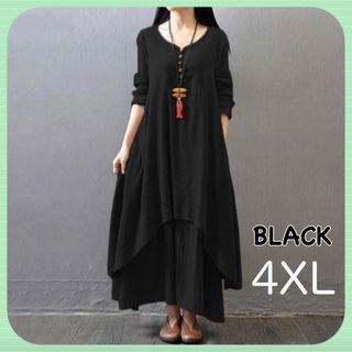 4XL 重ね着風 ワンピース ロング 体型カバー 綿麻 レイヤード 黒 ブラック(ロングワンピース/マキシワンピース)