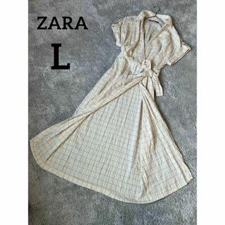 ザラ(ZARA)のZARA チェック ロング シャツ ワンピース　カシュクール ホワイト L　美品(ロングワンピース/マキシワンピース)