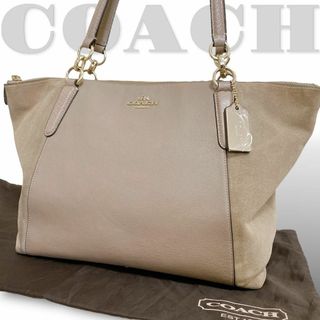 コーチ(COACH)の美品【コーチ】ハンドバッグ レザー スエード 肩掛け  グレージュ 金具プレート(ショルダーバッグ)