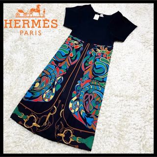 ✨新品同様✨HERMES ツイルレーヌ半袖ワンピース タグ付き 総柄 34 黒