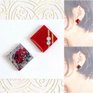 ピアス　イヤリング　パイソン柄　レッド　アシメ　スクエア　ハンドメイド(ピアス)