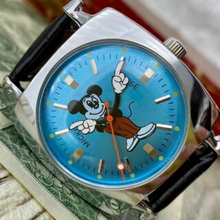 【レトロ可愛い】ミッキー メンズ腕時計 ブルー 手巻き ヴィンテージ(腕時計(アナログ))