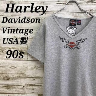 Harley Davidson - 【k7064】希少USA製90sハーレーダビッドソン刺繍ロゴVネック半袖Tシャツ