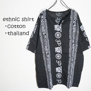 【新品】アジアンコットンシャツ　梵字・釈迦の足の裏柄　黒系(Tシャツ/カットソー(半袖/袖なし))