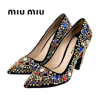 ミュウミュウ(miumiu)のミュウミュウ MIUMIU パンプス 靴 シューズ スエード ブラック マルチカラー ビジュー パーティーシューズ(ハイヒール/パンプス)