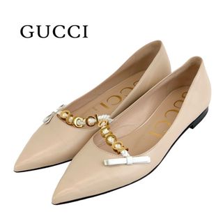 グッチ(Gucci)のグッチ GUCCI パンプス 靴 シューズ レザー ピンクベージュ ホワイト フラットシューズ ロゴ(ハイヒール/パンプス)