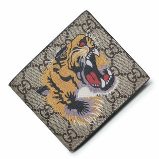 グッチ(Gucci)のグッチ タイガー トラ 虎 二つ折り財布 札入れ GGスプリームキャンバス レザー ベージュ ブラック 黒 451268 箱付 GUCCI（新品・未使用品）(折り財布)