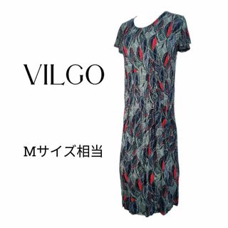 □□　VIRGO ヴァルゴ 細プリーツ 半袖ワンピース　総柄　M相当　伸縮性あり(ひざ丈ワンピース)