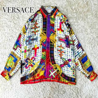 VERSACE ビンテージ 総柄 ジュエリー 宝石 十字架 シルク 長袖 シャツ