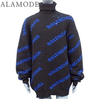 バレンシアガ(Balenciaga)のBALENCIAGA(バレンシアガ) ロゴタートルニット トップス アパレル ファッション セーター 総柄 ダメージ加工 L ウール ブラック黒 ブルー青 メンズ 40802097273【中古】【アラモード】(ニット/セーター)