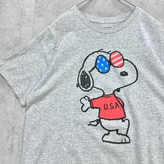 スヌーピー　USA Tシャツ　星条旗サングラス　半袖Tシャツ　古着　杢グレー　L