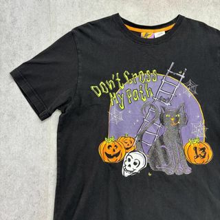 ヴィンテージ(VINTAGE)のハロウィン　オバケかぼちゃ　猫　ねこ　骸骨　Tシャツ　古着　ブラック　L(Tシャツ/カットソー(半袖/袖なし))