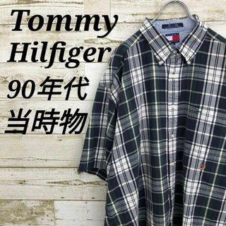 トミーヒルフィガー(TOMMY HILFIGER)の【k7068】希少USA古着90sトミーヒルフィガー刺繍ロゴ半袖チェックシャツ(シャツ)