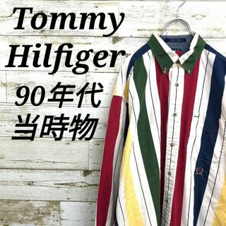 TOMMY HILFIGER - 【k7069】希少USA古着90sトミーヒルフィガー刺繍ロゴ長袖ストライプシャツ