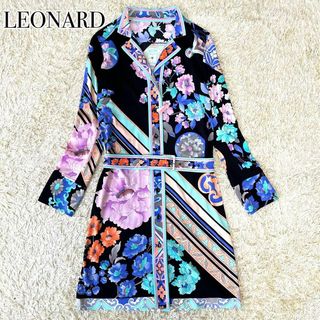 レオナール(LEONARD)のLEONARD カンカン素材 前開き ボタン ワンピース ベルト付 長袖 花柄(ひざ丈ワンピース)