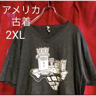 US古着 空港 飛行機 イラストTシャツ 2XL 大きいサイズ チャコールグレー(Tシャツ/カットソー(半袖/袖なし))