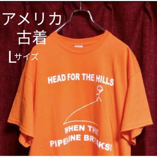 US古着 メッセージTシャツ オレンジ L 大きいサイズ アメカジ 両面プリント(Tシャツ/カットソー(半袖/袖なし))