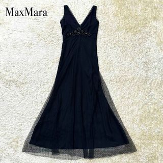 Max Mara - MaxMara 花 ラインストーン ビーズ レース ロングワンピース ブラック