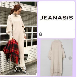 ♡JEANASIS ハイネックスリットニットロングワンピース長袖ベージュ