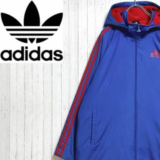 アディダス(adidas)のアディダス　ベンチコート　ナイロンジャケット　フード　ビッグロゴ　ブルー　キッズ(その他)