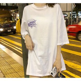 【大人気】レディース　半袖　英字　カジュアル　韓国　白色　Lサイズ　柄　プリント(Tシャツ(半袖/袖なし))