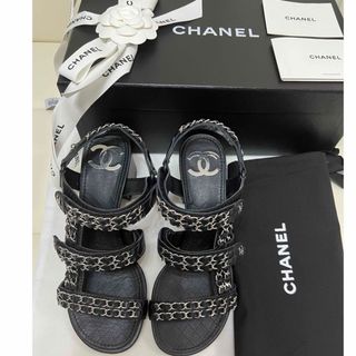 CHANELサンダル　シャネル　チェーン付サンダル　シルバーチェーン　ヒール　革