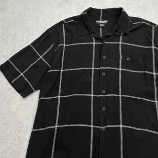 リネン混　開襟シャツ　TRUST　半袖シャツ　古着　チェック　ブラック　XL