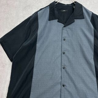 オープンカラー　切替デザイン　バイカラー　半袖シャツ　古着　ブラック　XL(Tシャツ/カットソー(半袖/袖なし))