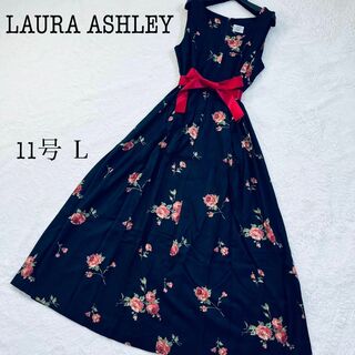 LAURA ASHLEY - 美品 ⭐︎ ローラアシュレイ  ワンピース リボン 花柄 黒　薔薇 大きいサイズ