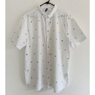H&M 総柄コットンシャツ　ホワイト　Lサイズ