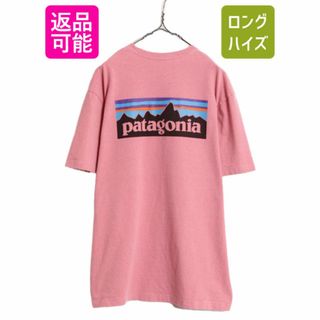 パタゴニア(patagonia)の19年製 パタゴニア 両面 プリント 半袖 Tシャツ メンズ L 古着 Patagonia アウトドア P6 ボックスロゴ バックプリント クルーネック ピンク(Tシャツ/カットソー(半袖/袖なし))