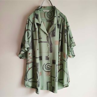 vintage 抽象柄　柄シャツ　グリーン　グレー　ヴィンテージ  ビンテージ