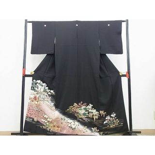 平和屋野田店■豪華黒留袖　手描き　エ霞御所車草花文　暈し染め　金銀彩　やまと誂製　逸品　BAAC9045cw(着物)