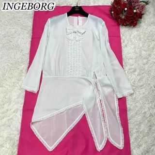 INGEBORG - インゲボルグ アシンメトリー フリル リボン ロングシャツ 白 大きいサイズ15