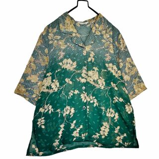 VINTAGE - ヴィンテージ 花柄 オープンカラーシャツブラウス 半袖 シアー 緑 古着 レトロ