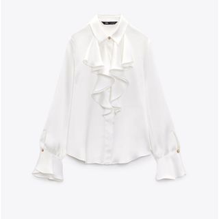 ザラ(ZARA)のZARA サテンフリルシャツM 新品タグ付き(シャツ/ブラウス(長袖/七分))