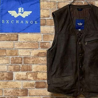 EXCHANGE　レザーベスト　革ジャン　ヴィンテー　本革　リアル　茶色　M(ベスト)