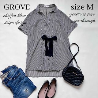 grove - ◆美品◆グローブ◆半袖シフォンブラウス◆ストライプ◆チュニック◆リボン◆白黒◆M