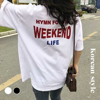 Tシャツ レディース 英字 半袖 ロゴ 韓国 ロング丈 ゆったり 着痩せ 薄地(Tシャツ(半袖/袖なし))