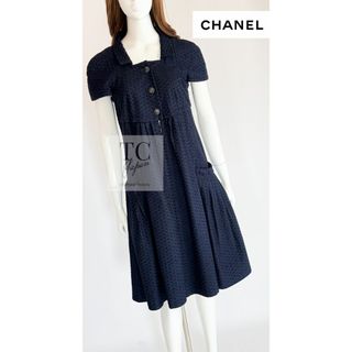 シャネル(CHANEL)のシャネル ワンピース CHANEL ネイビー CC ボタン フレア コットン 超美品 38(ひざ丈ワンピース)