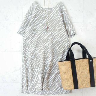 マリメッコ(marimekko)の美品♪マリメッコ Marimekko 総柄リネンワンピース グレーカーキ 麻(ロングワンピース/マキシワンピース)