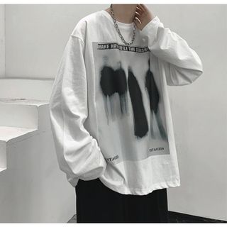 【セール中】ホワイト　XL　メンズ　長袖Tシャツ　ヒップホップ　白　ビッグロゴ(Tシャツ/カットソー(七分/長袖))