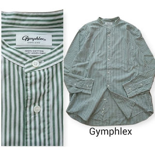 ジムフレックス(GYMPHLEX)の超美品 ジムフレックス/バンドカラーストライプオーバーシャツ  緑白(シャツ/ブラウス(長袖/七分))