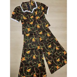 vintage セットアップ ブラウス ワイドパンツ 花柄 パフスリーブ レース