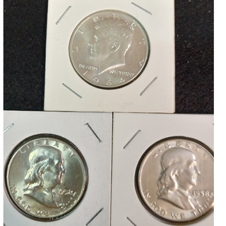 銀貨ケネディハーフダラーとベンジャミン銀貨人気silver900　綺麗 合計3枚