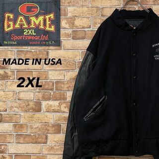 USA製　ヴィンテージ袖革ウールスタジャン　ビッグシルエット　レザー　黒　2XL(スタジャン)