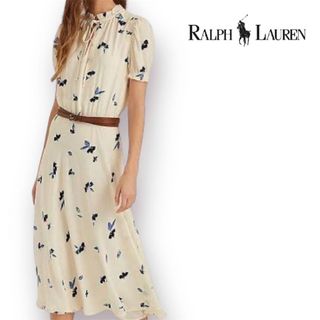 ラルフローレン(Ralph Lauren)の【美品】　ローレンラルフローレン ロングワンピース Aライン 花柄 ホワイト系(ロングワンピース/マキシワンピース)